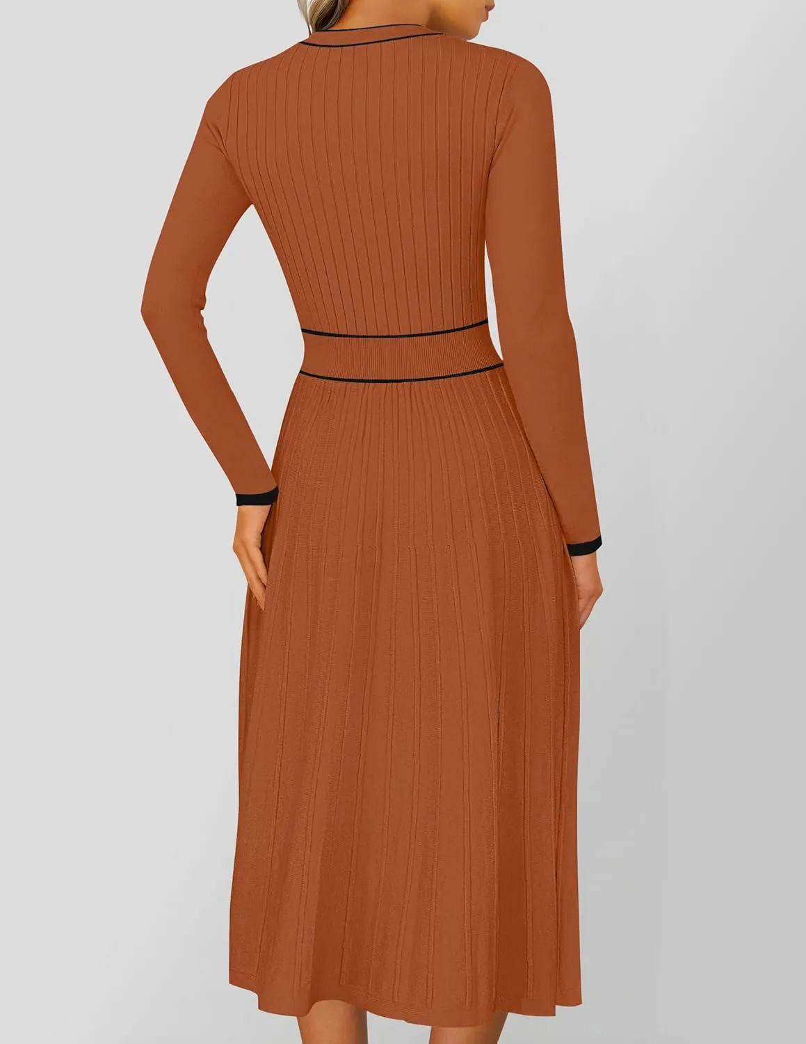 ZESICA Women's Spring Pleated Sweater Dress Long Sleeve Crewneck Ribbed Knitted Midi Dresses