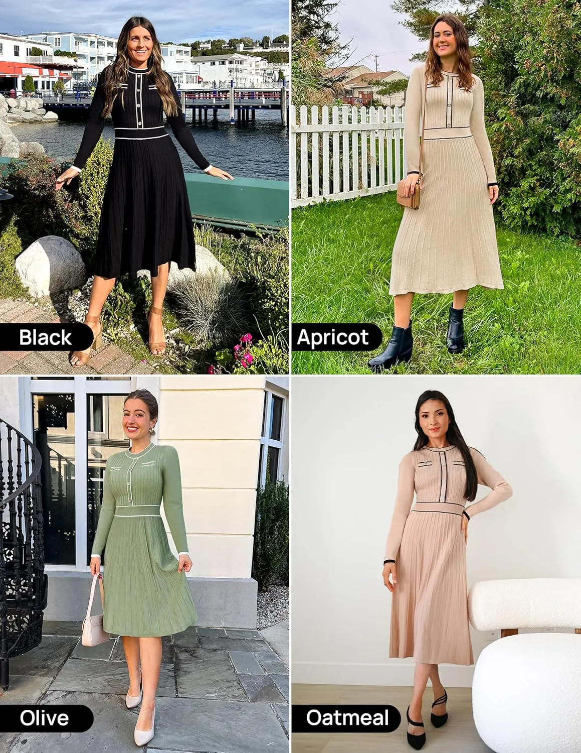 ZESICA Women's Spring Pleated Sweater Dress Long Sleeve Crewneck Ribbed Knitted Midi Dresses
