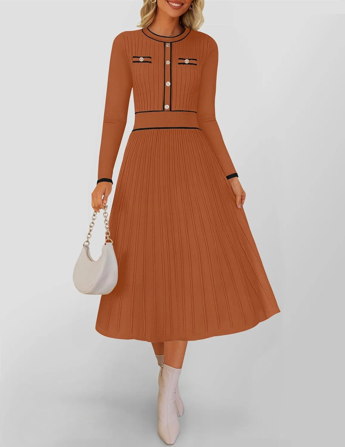 ZESICA Women's Spring Pleated Sweater Dress Long Sleeve Crewneck Ribbed Knitted Midi Dresses