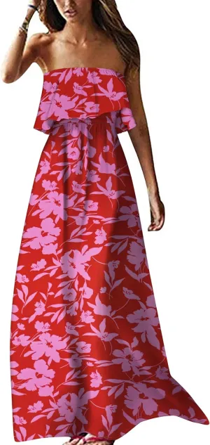 ZMPSIISA Women's Summer Off The Shoulder Maxi Dress Ruffle Strapless Blue White Porcelain Boho Casual Loose Long Dresses