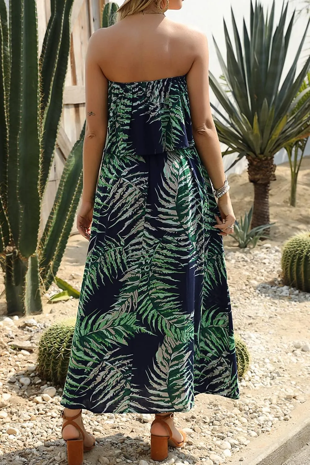 ZMPSIISA Women's Summer Off The Shoulder Maxi Dress Ruffle Strapless Blue White Porcelain Boho Casual Loose Long Dresses