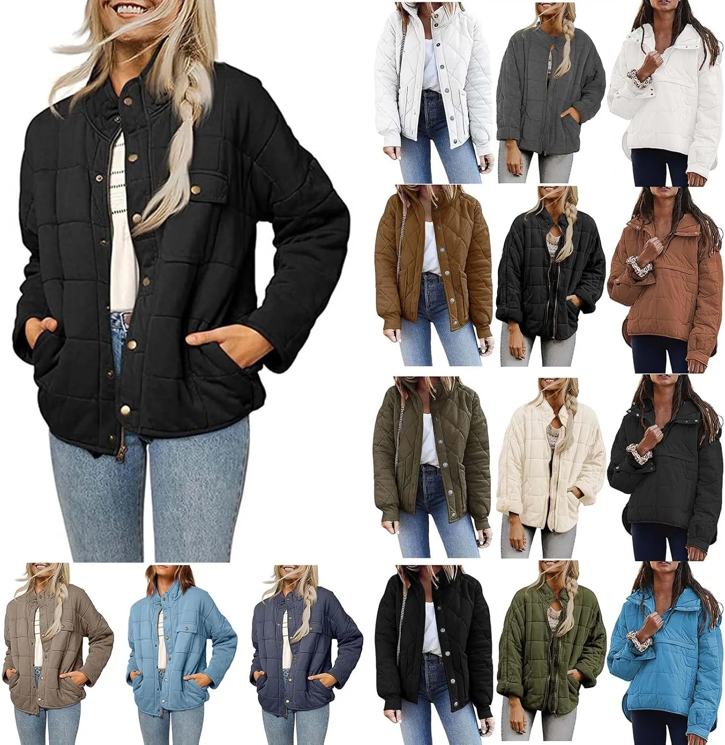 ZWRXW Winter Coats for Women Quilted Lightweight Puffer Jacket Long Sleeve Casual Loose Button Fall Down Outwear with Pocket
